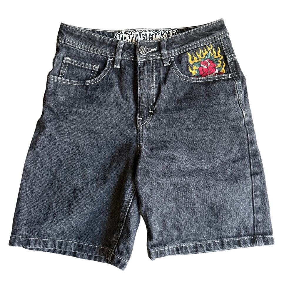 VTG Y2K Ninth Hall Idle Denim Jorts- Tattoo Embroidery Tiger Dragon Black Wms 4 - Picture 2 of 7